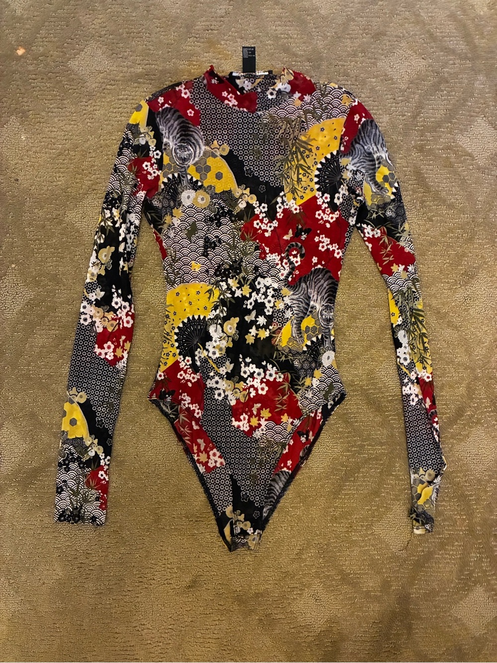 Floral Print Long-Sleeve One-Piece Bodysuit in Red, Yellow, Black